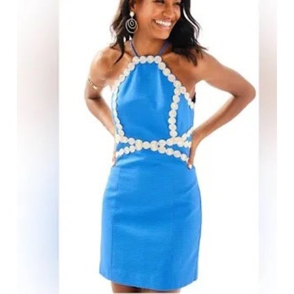 Lilly Pulitzer Pearl Shift Dress Bennet Blue Gold Soutache Halter 28998 Size 16